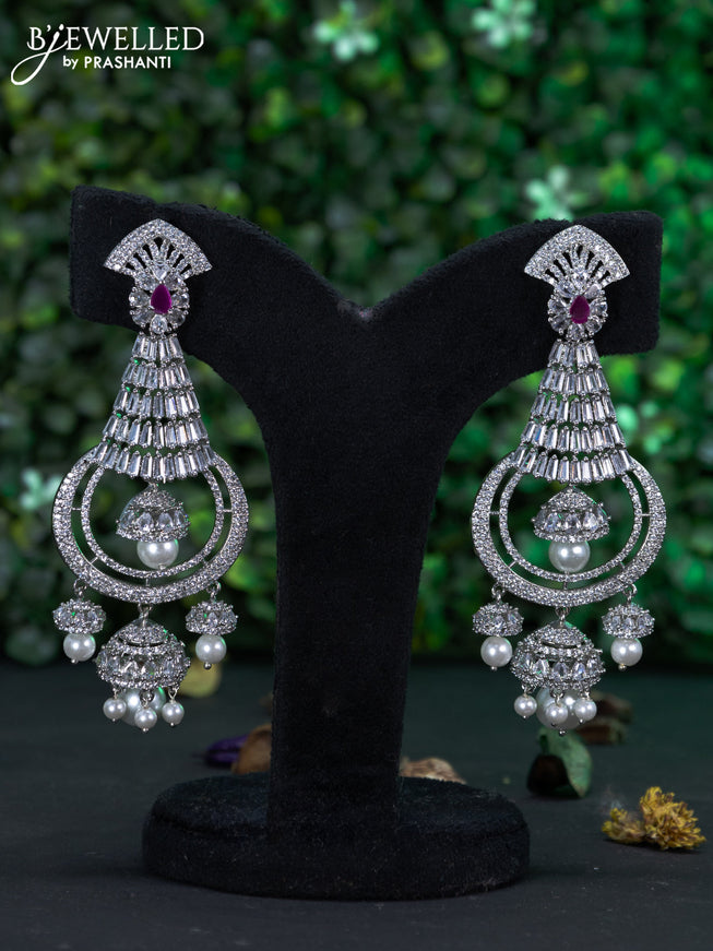 Zircon earring with ruby & cz stones and pearl hangings