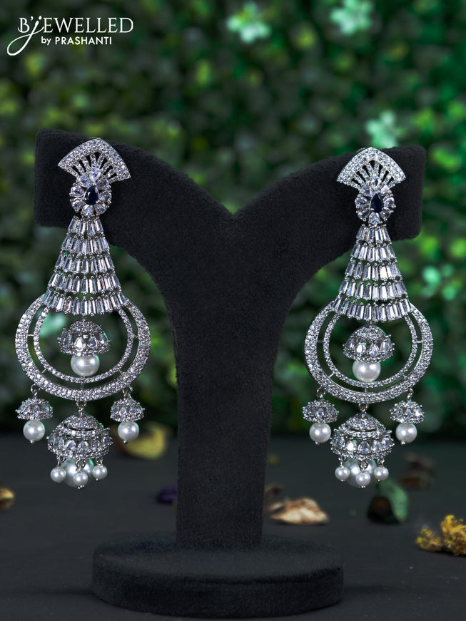 Zircon earring with sapphire & cz stones and pearl hangings