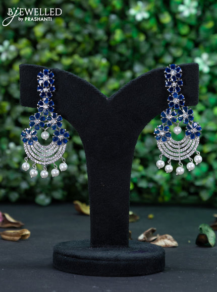 Zircon earring floral design with sapphire & cz stones and pearl hangings