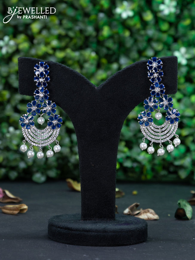 Zircon earring floral design with sapphire & cz stones and pearl hangings