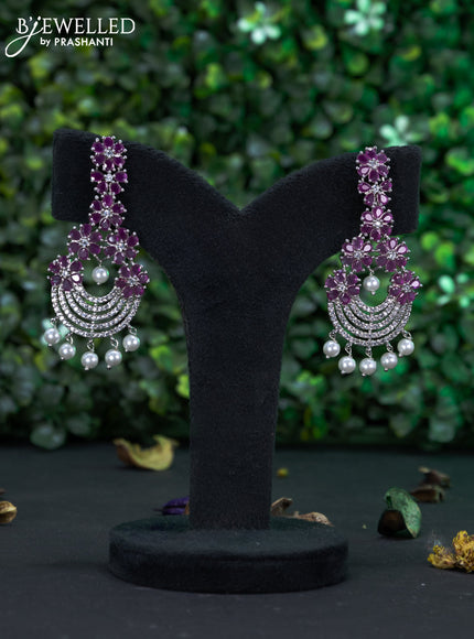 Zircon earring floral design with ruby & cz stones and pearl hangings