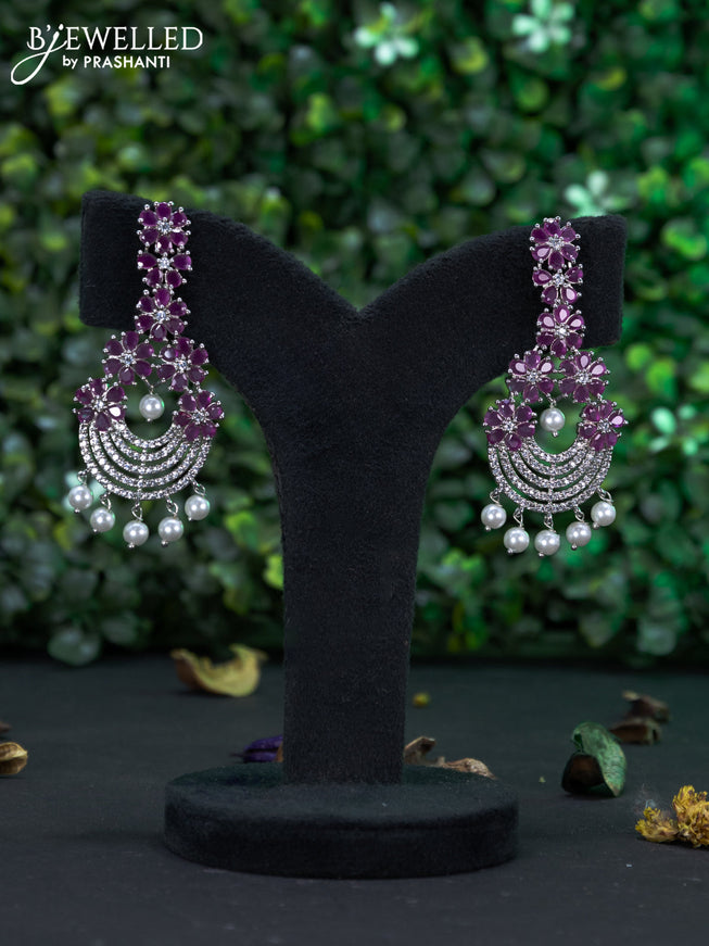 Zircon earring floral design with ruby & cz stones and pearl hangings