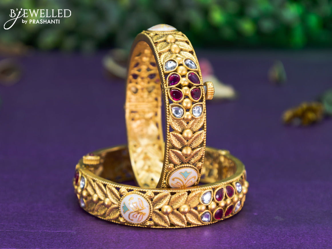 Antique screw type bangle with minakari pink kemp and cz stones