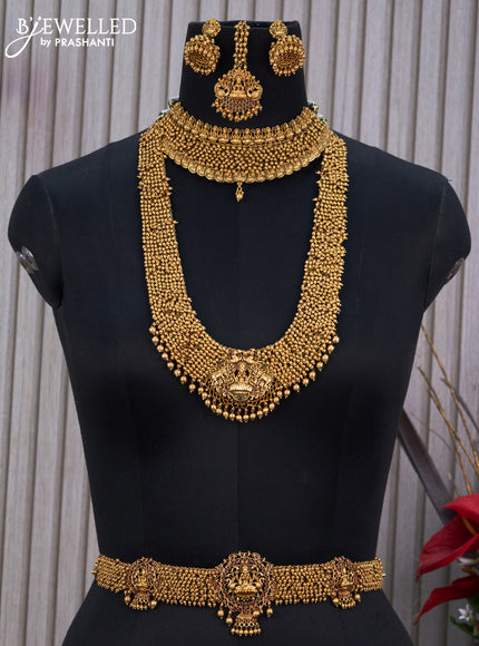 Antique bridal set lakshmi design with kemp stones and golden beads hangings