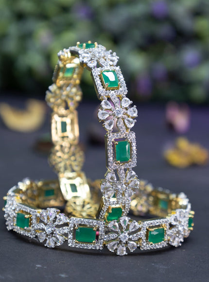 Zircon bangles floral design with emerald and cz stones in gold finish