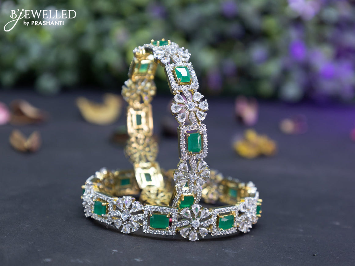 Zircon bangles floral design with emerald and cz stones in gold finish