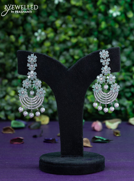 Zircon earring floral design with mint green & cz stones and pearl hangings