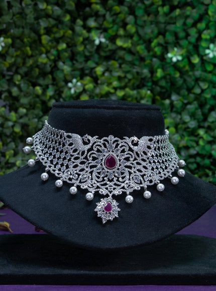 Zircon choker peacock design with ruby & cz stones and pearl hangings