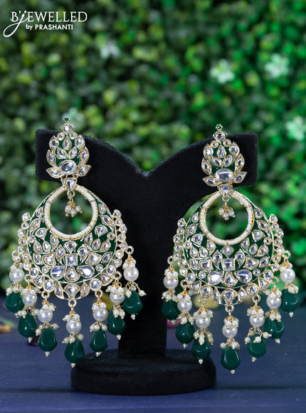 Fashion dangler chandbali green minakari earrings with kundan stones and beads hanging