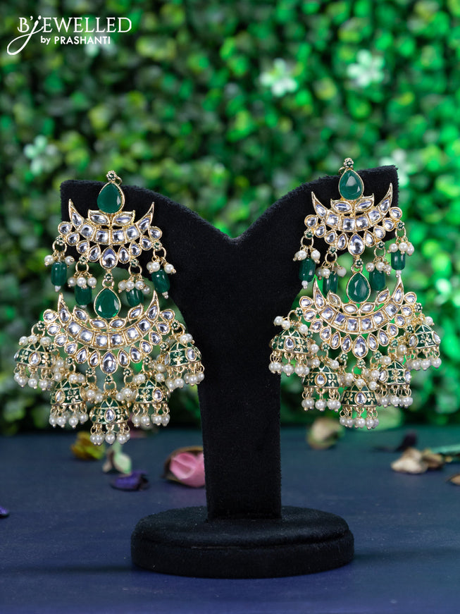 Fashion dangler chandbali green minakari earrings with kundan stones and pearl hangings