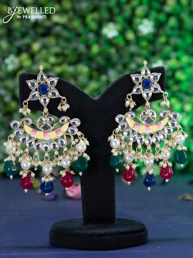 Fashion dangler chandbali cream minakari earrings with kundan & blue stones and beads hanging