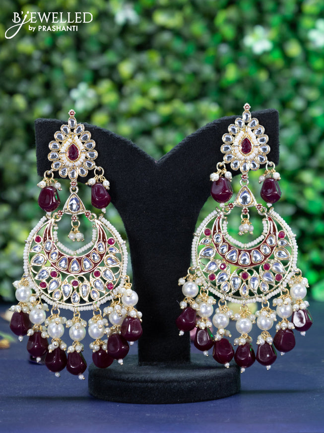 Fashion dangler chandbali maroon minakari earrings with kundan stones and beads hanging