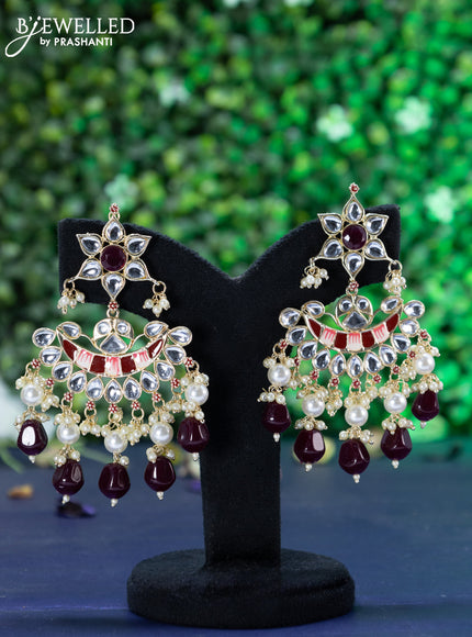 Fashion dangler chandbali maroon minakari earrings with kundan stones and beads hanging