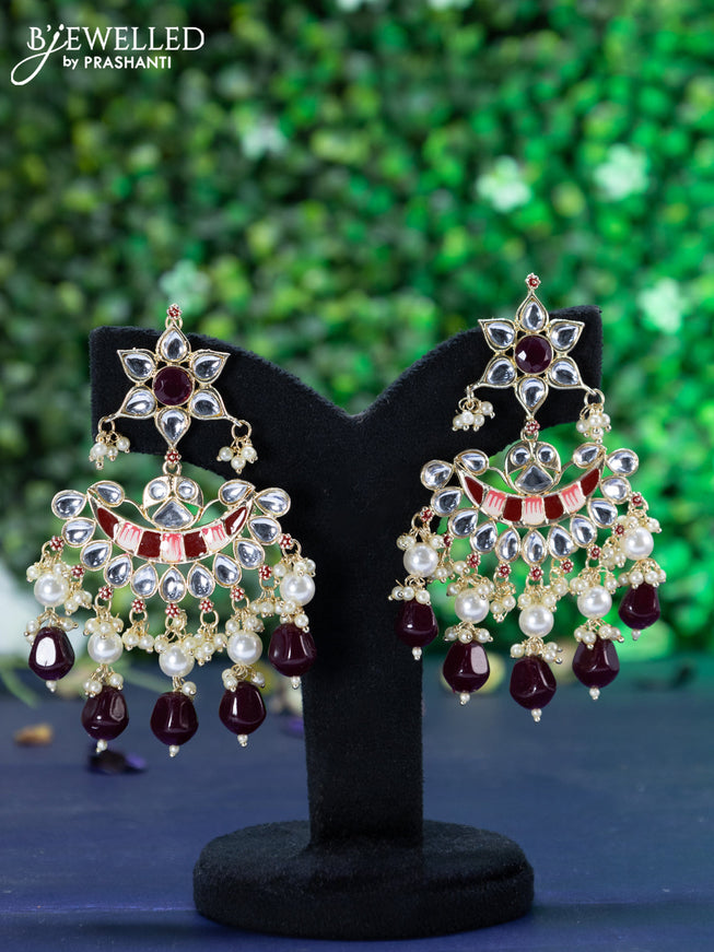 Fashion dangler chandbali maroon minakari earrings with kundan stones and beads hanging