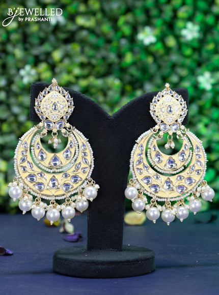 Fashion dangler chandbali cream minakari earrings with kundan stones and beads hanging