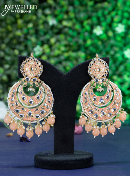 Fashion dangler chandbali peach minakari earrings with kundan stones and beads hanging