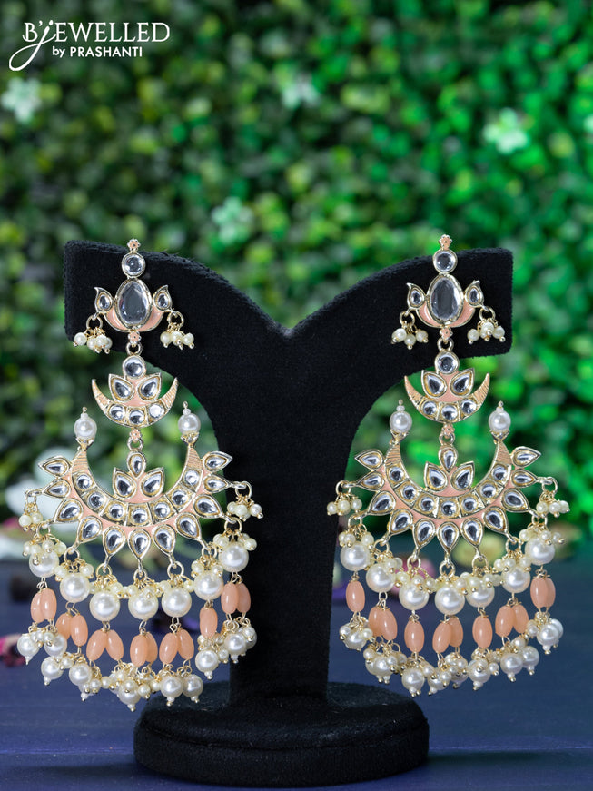 Fashion dangler chandbali peach minakari earrings with kundan stones and beads hanging