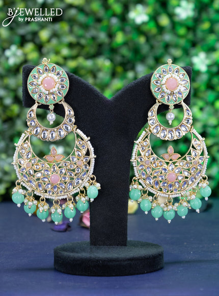 Fashion dangler chandbali teal green minakari earrings with kundan & peach stones and beads hanging