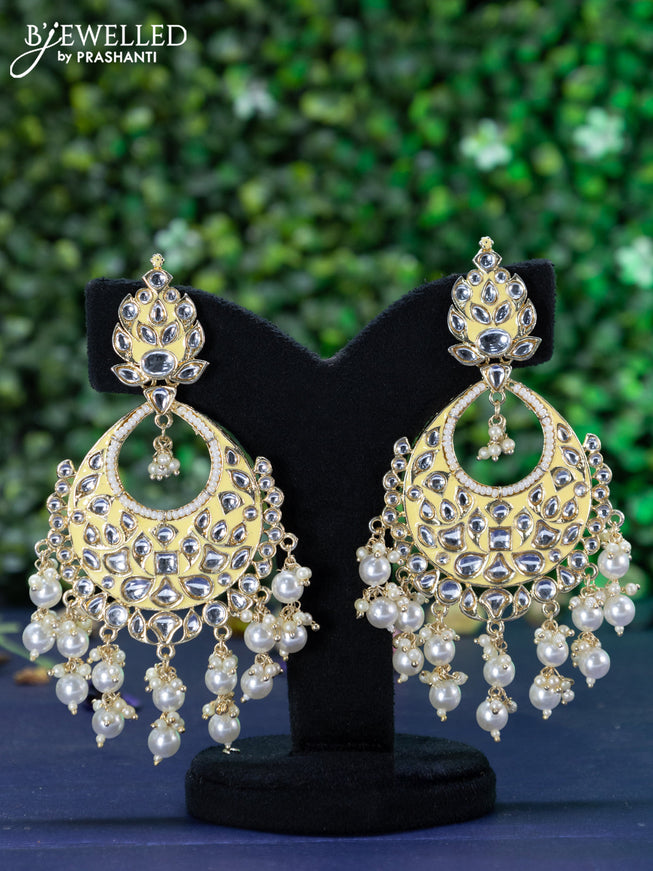 Fashion dangler chandbali cream minakari earrings with kundan stones and beads hanging