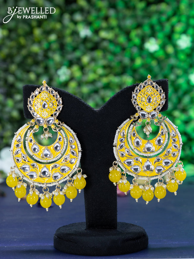 Fashion dangler chandbali yellow minakari earrings with kundan stones and beads hanging