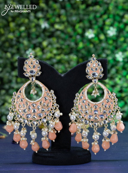 Fashion dangler chandbali peach orange minakari earrings with kundan stones and beads hanging