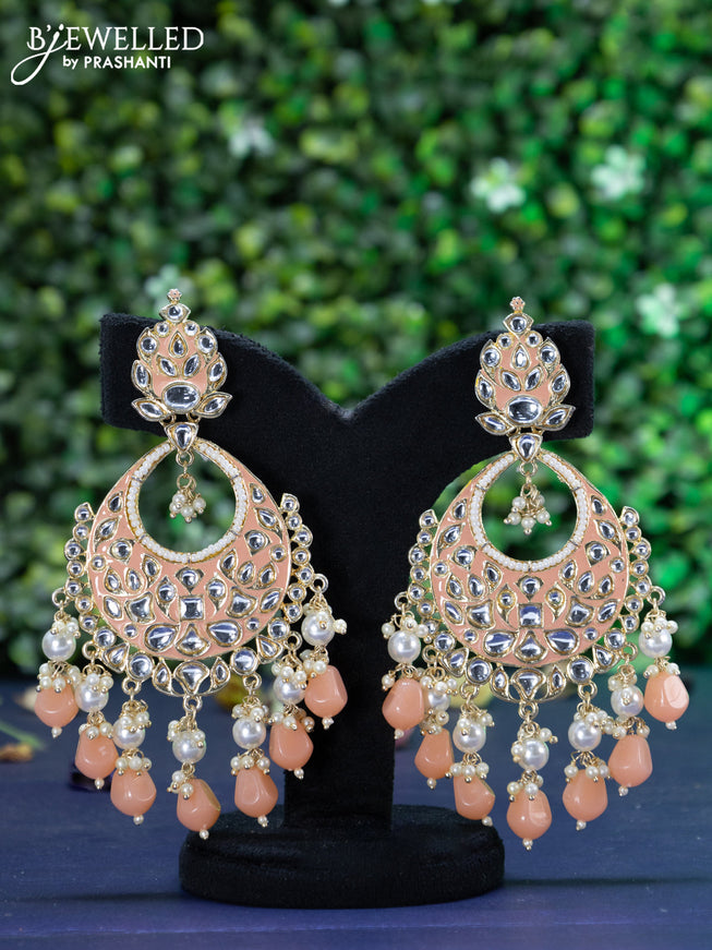 Fashion dangler chandbali peach orange minakari earrings with kundan stones and beads hanging