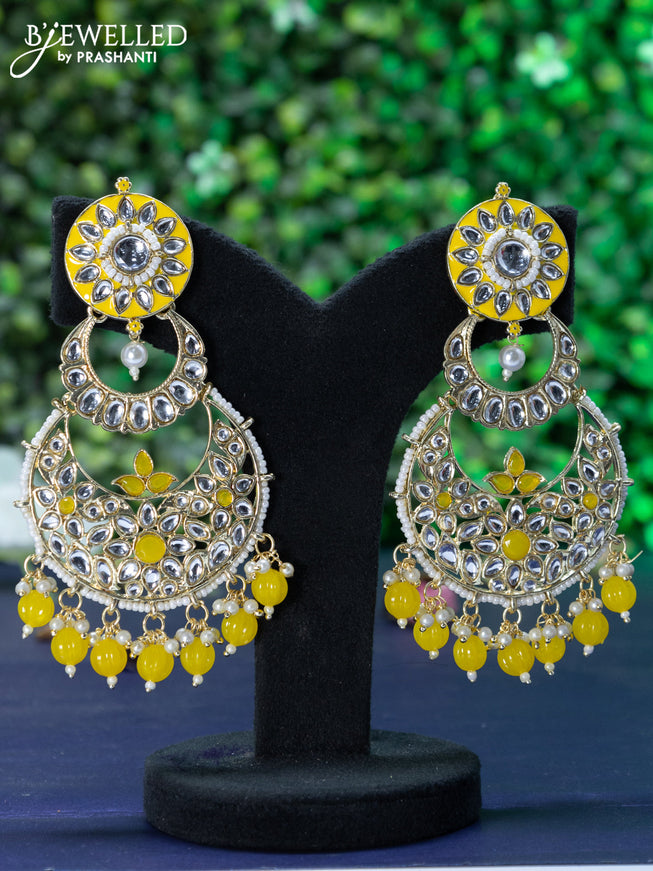 Fashion dangler chandbali yellow minakari earrings with kundan stones and beads hanging