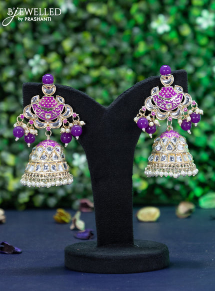 Fashion dangler violet minakari jhumkas with kundan stones and pearl hangings