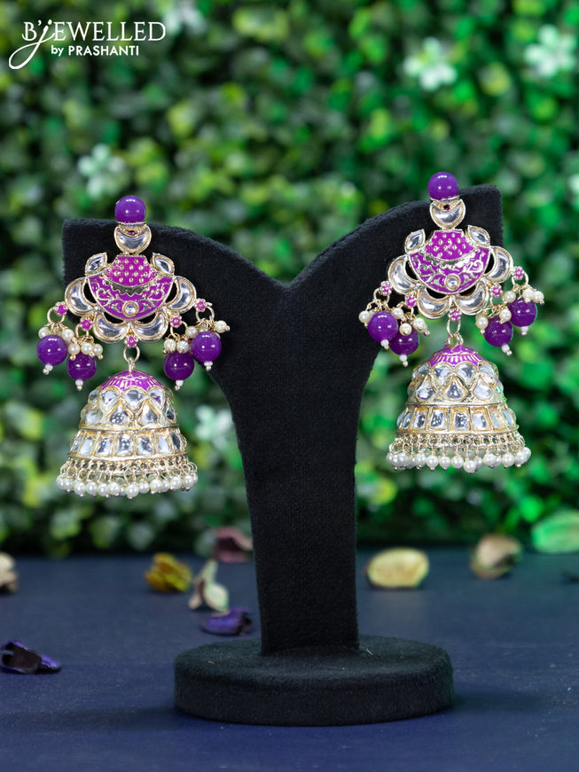 Fashion dangler violet minakari jhumkas with kundan stones and pearl hangings