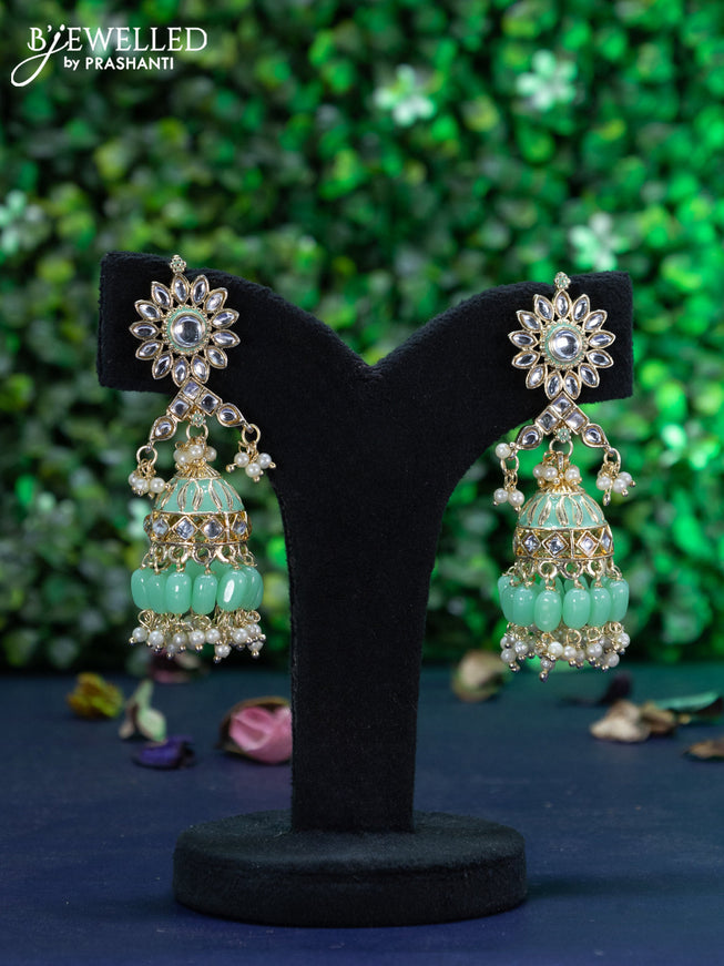 Fashion dangler teal green minakari jhumkas with kundan stones and beads hanging