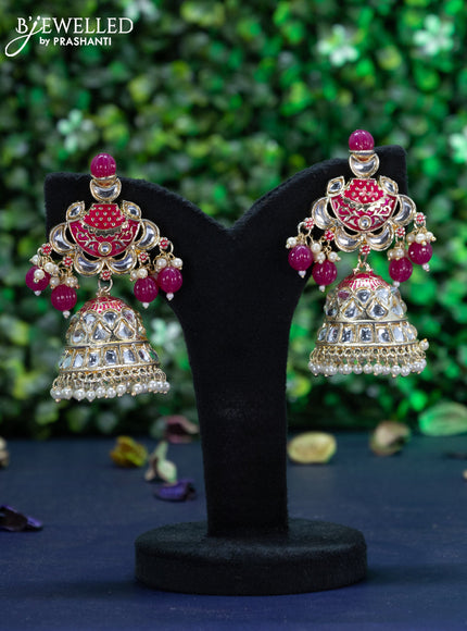 Fashion dangler pink minakari jhumkas with kundan stones and pearl hangings