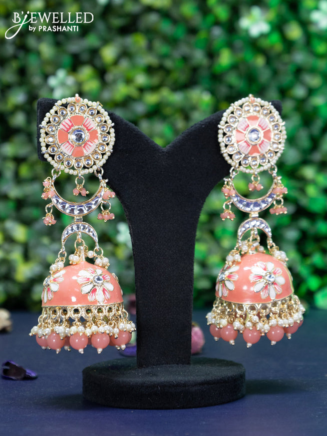 Fashion dangler peach minakari jhumkas with kundan stones and beads hanging