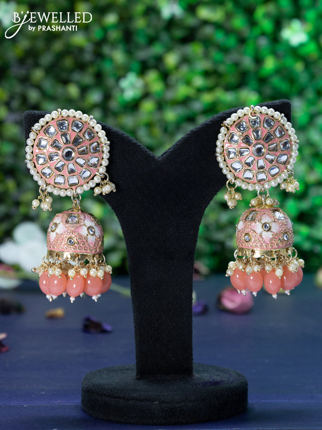 Fashion dangler peach pink minakari jhumkas with kundan stones and beads hanging