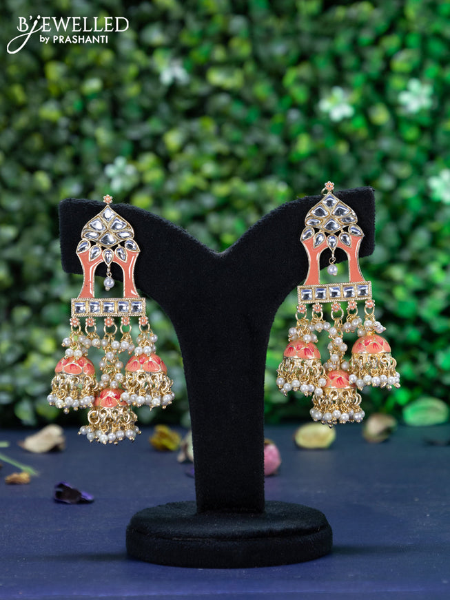 Fashion dangler peach minakari earrings with kundan stones and pearl hangings