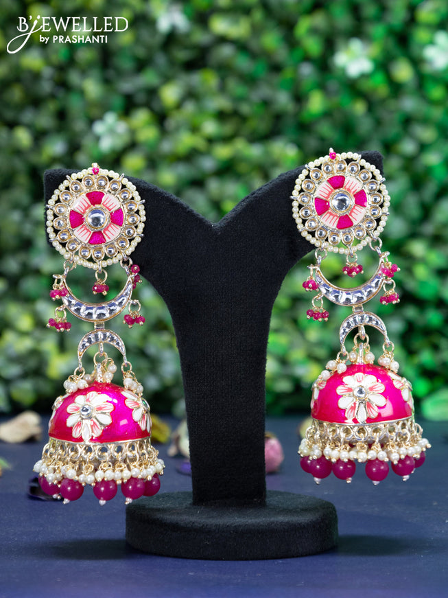 Fashion dangler pink minakari jhumkas with kundan stones and beads hanging