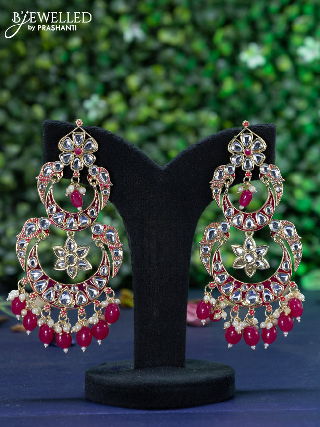 Fashion dangler chandbali pink minakari earrings with kundan stones and beads hanging