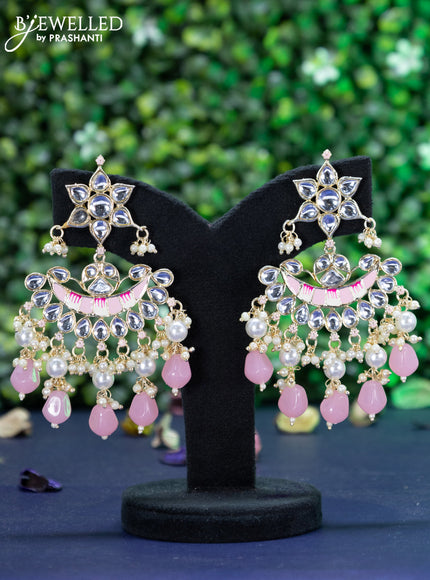 Fashion dangler chandbali pink minakari earrings with kundan stones and beads hanging