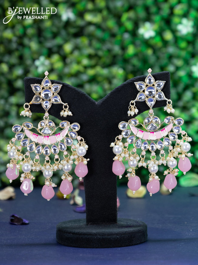 Fashion dangler chandbali pink minakari earrings with kundan stones and beads hanging