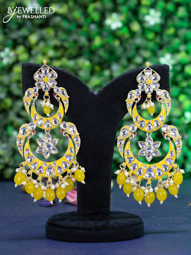 Fashion dangler chandbali yellow minakari earrings with kundan stones and beads hanging