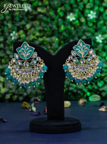 Fashion dangler chandbali teal green minakari earrings with kundan stones and beads hanging