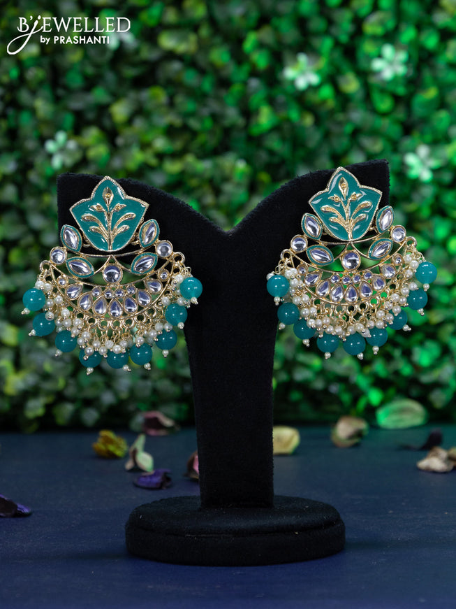 Fashion dangler chandbali teal green minakari earrings with kundan stones and beads hanging