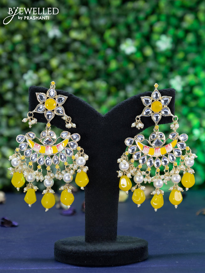 Fashion dangler chandbali yellow minakari earrings with kundan stones and beads hanging