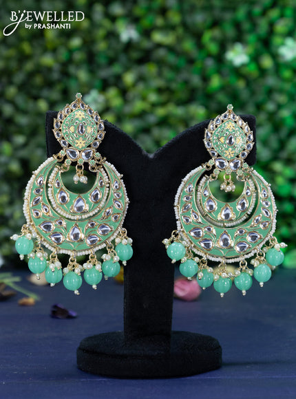 Fashion dangler chandbali teal green  minakari earrings with kundan stones and beads hanging