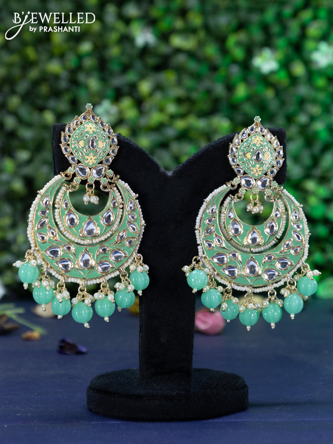 Fashion dangler chandbali teal green  minakari earrings with kundan stones and beads hanging