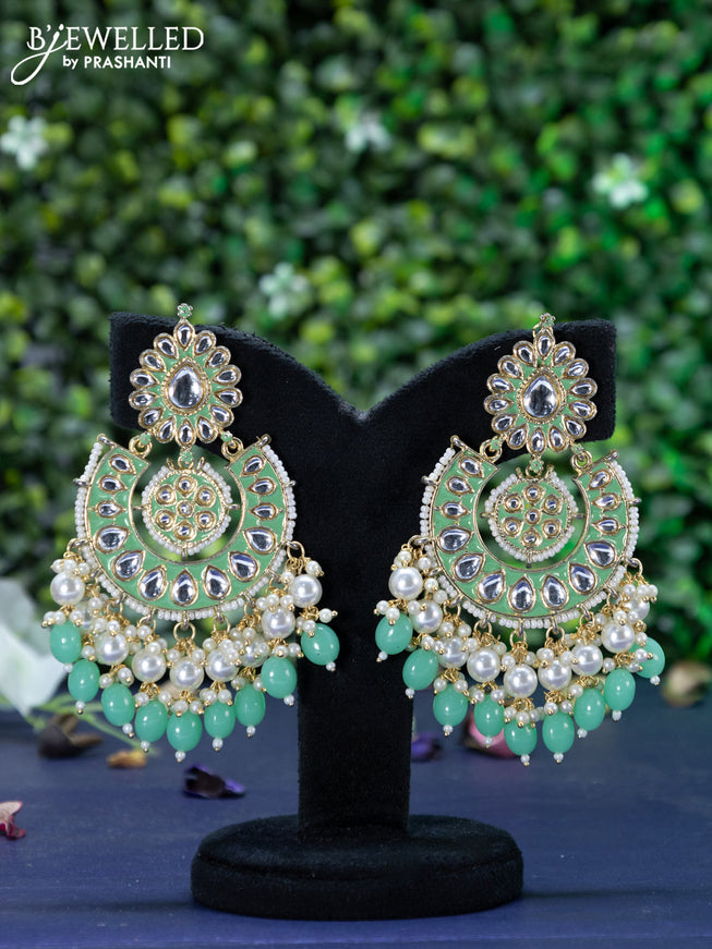 Fashion dangler chandbali teal green minakari earrings with kundan stones and beads hanging