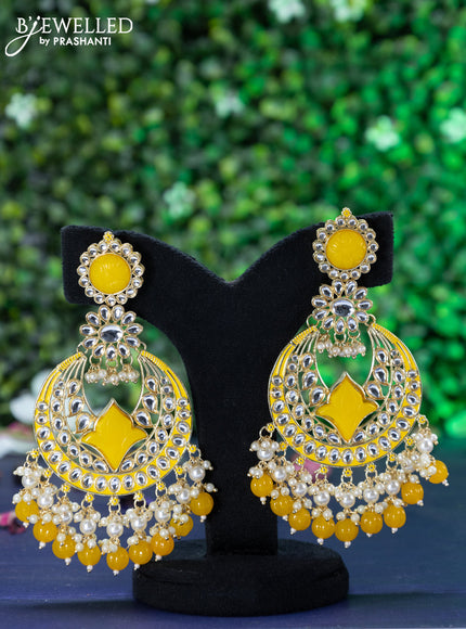 Fashion dangler chandbali yellow minakari earrings with kundan stones and beads hanging