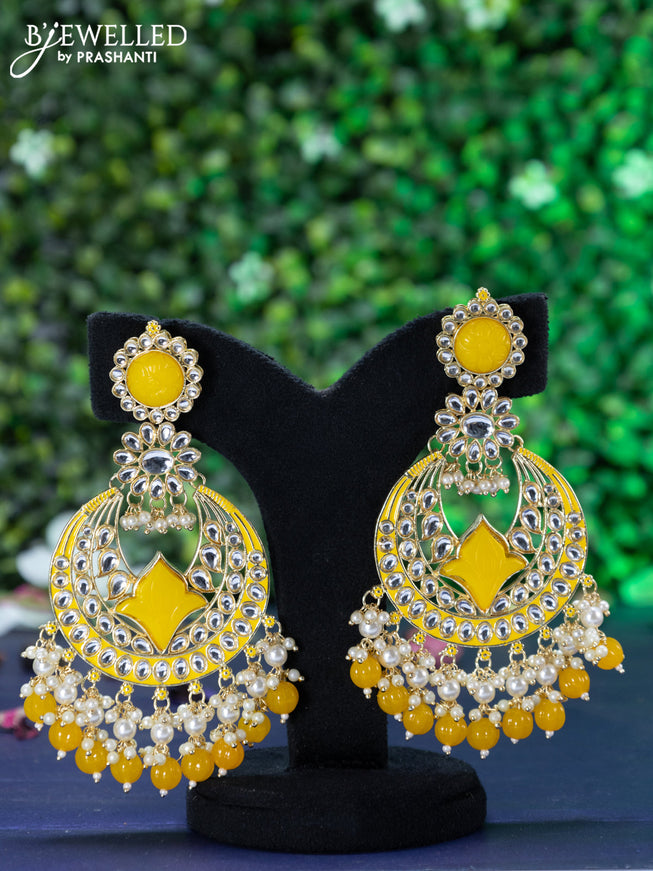 Fashion dangler chandbali yellow minakari earrings with kundan stones and beads hanging