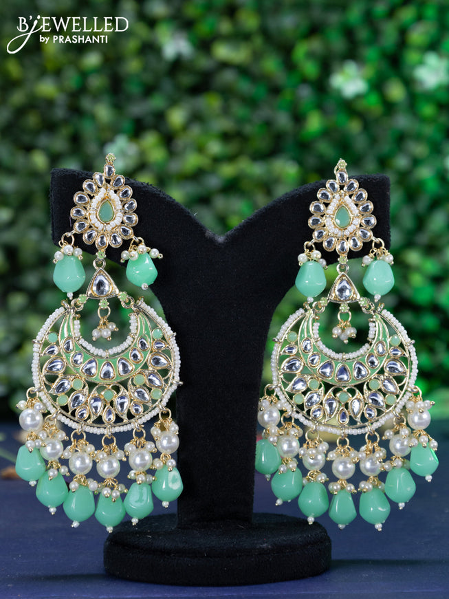 Fashion dangler chandbali teal green minakari earrings with kundan stones and beads hanging