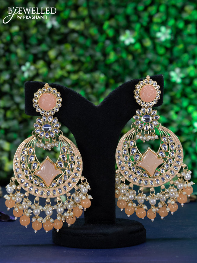 Fashion dangler chandbali peach orange minakari earrings with kundan stones and beads hanging