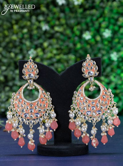 Fashion dangler chandbali peach pink minakari earrings with kundan stones and beads hanging